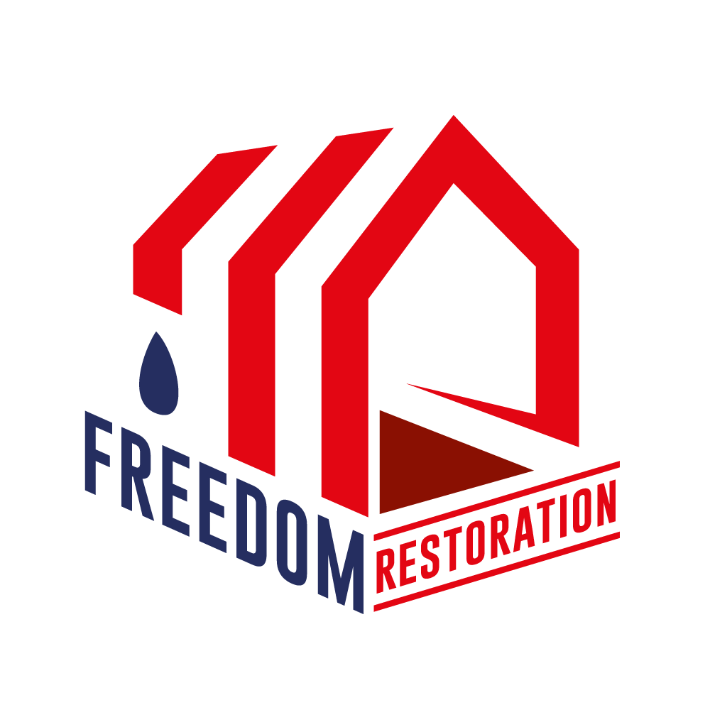 A red , white and blue logo for freedom restoration