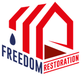 The logo for freedom restoration shows a house with a drop of water on it.