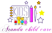 Branda Child Care logo with colorful children, stars, crayons, and playful purple script text
