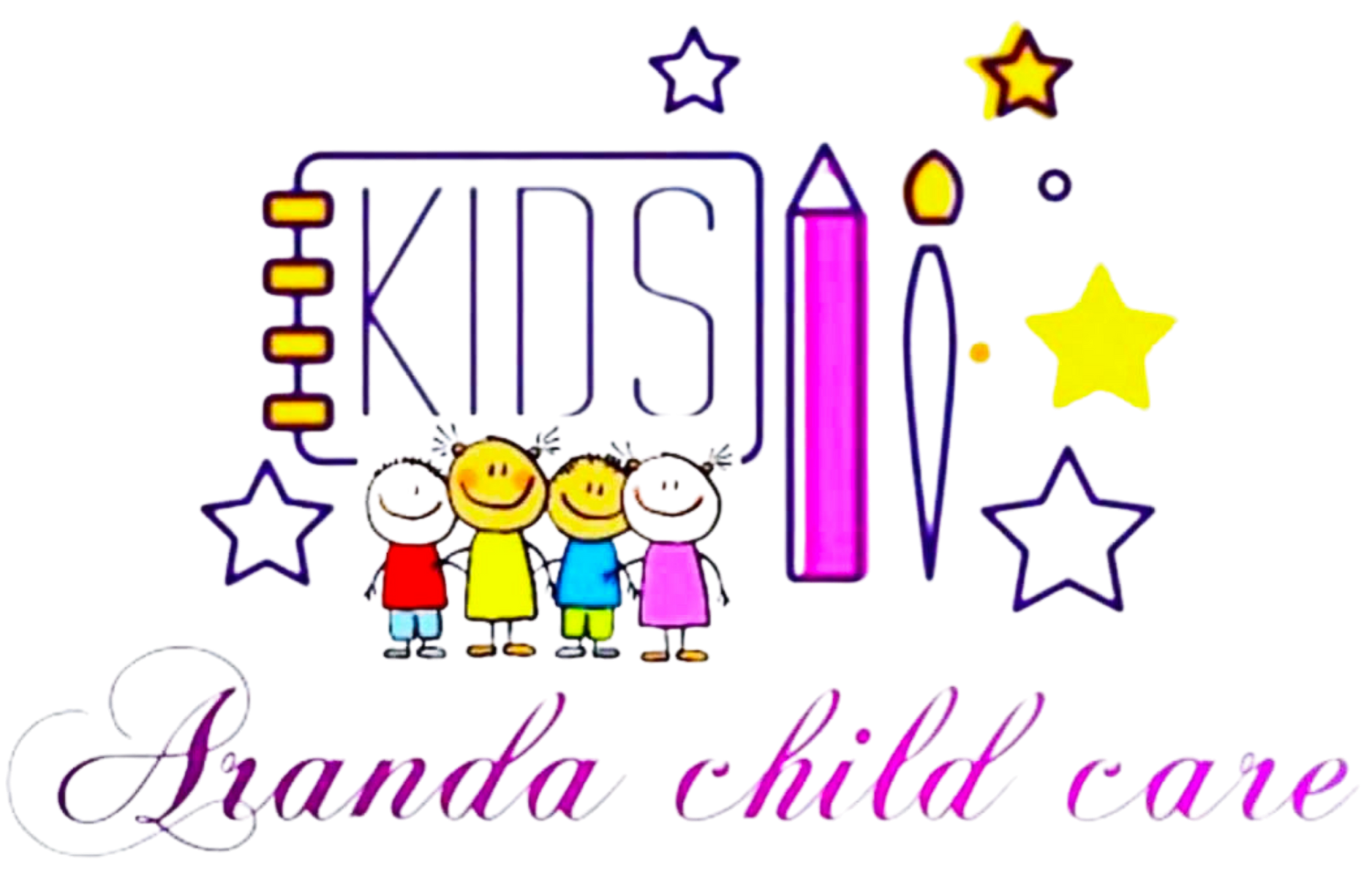 Branda Child Care logo with colorful children, stars, crayons, and playful purple script text