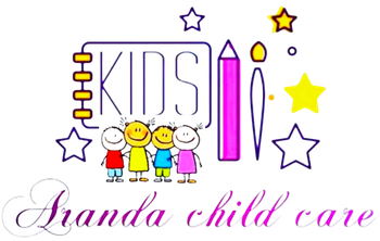Branda Child Care logo with colorful children, stars, crayons, and playful purple script text