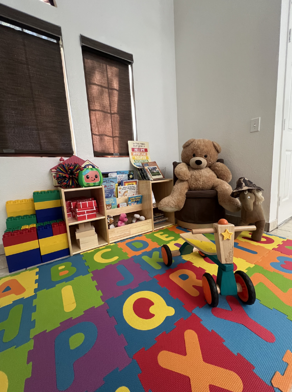 Colorful playroom with toy shelves, teddy bears, and an alphabet rug beside windows.