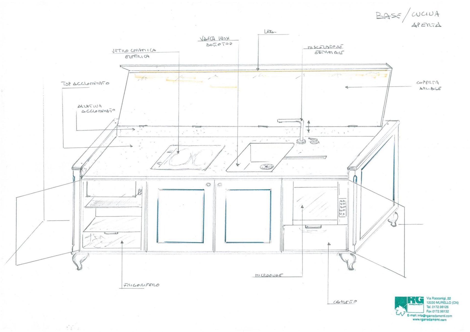 Schizzo di un'isola da cucina con piano cottura, lavello, mobili, cassetti e cappa.