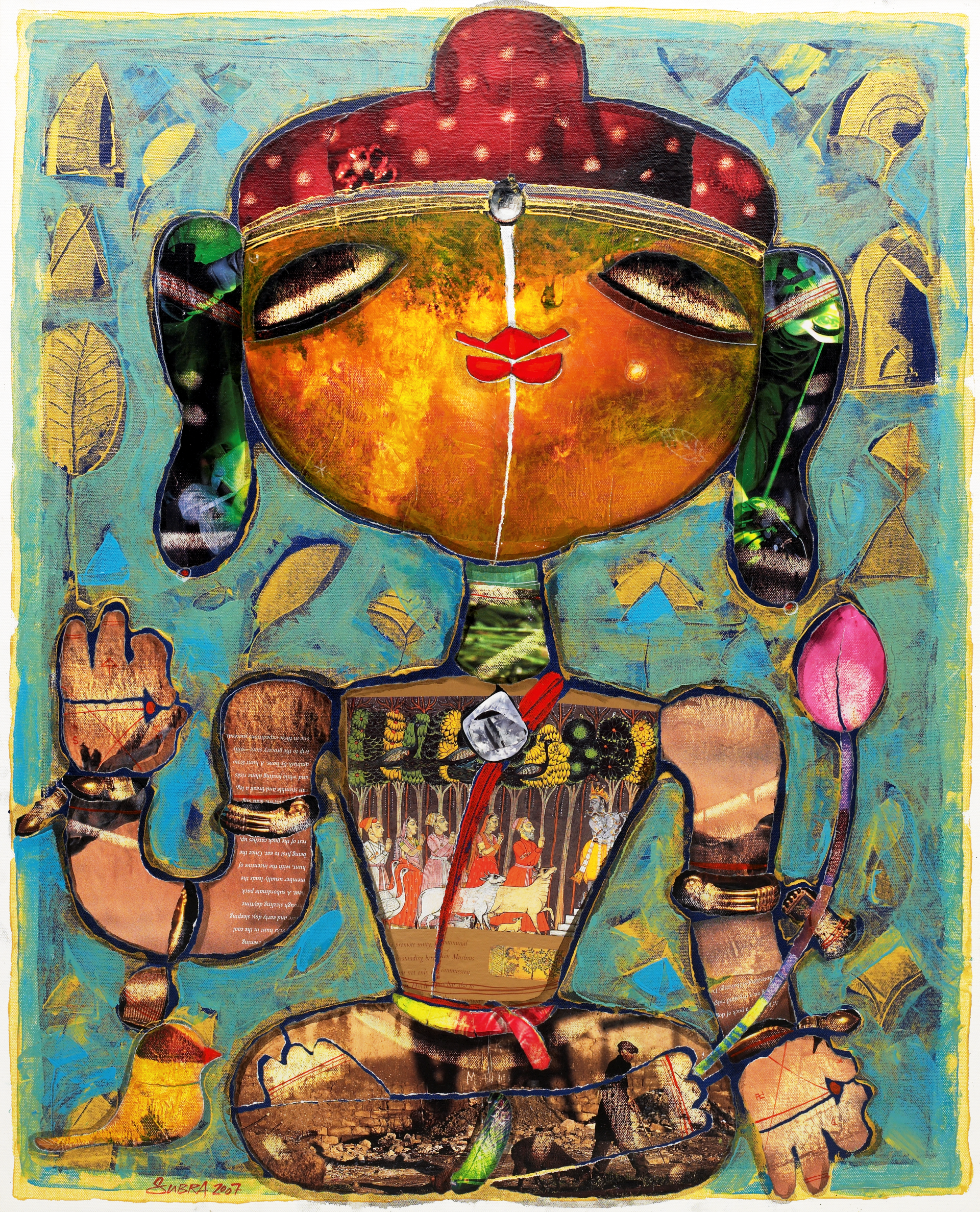 A painting of a woman sitting in a lotus position with her eyes closed.