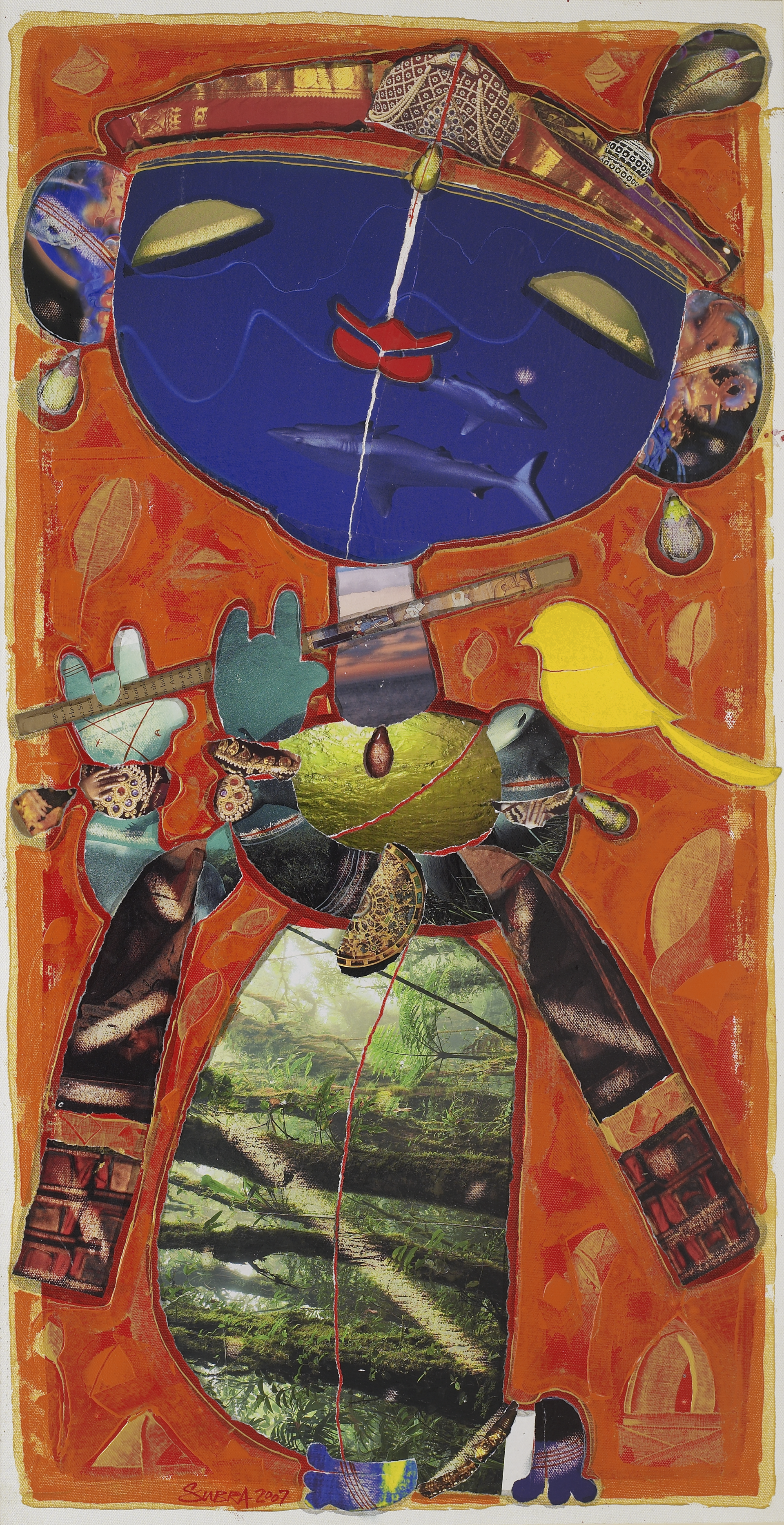 A painting of a person with a bird on their head.