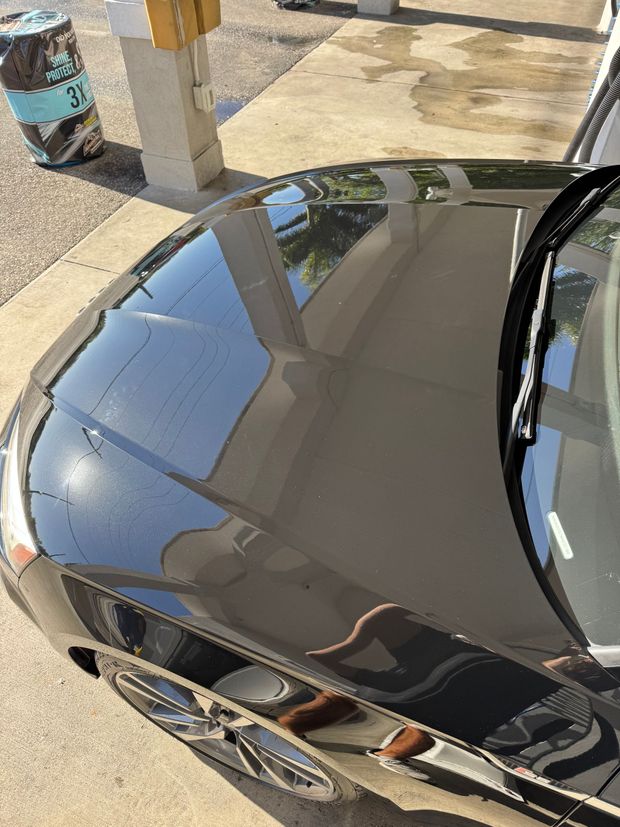The hood of a black car is reflected in the windshield.