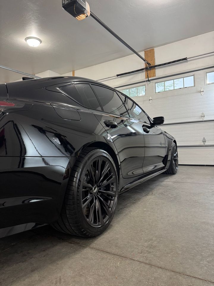 A black car is parked in a garage next to a garage door.