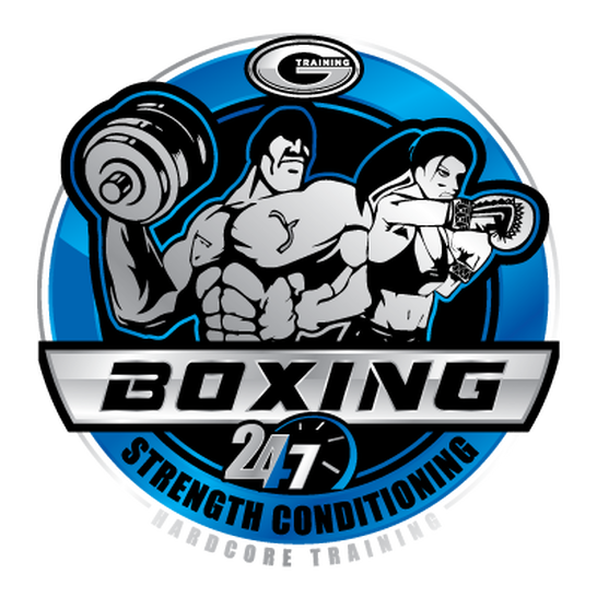 A logo for boxing strength conditioning shows a man lifting a dumbbell and a woman boxing
