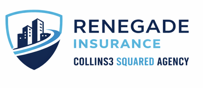 Logo for Renegade Insurance, Collins3 Squared Agency, featuring a blue shield icon with a skyline silhouette.