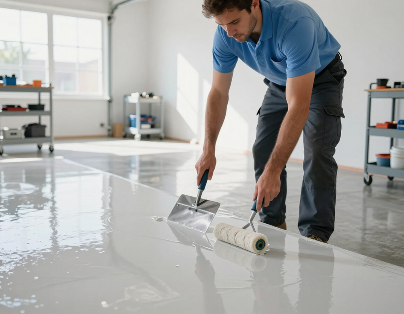 Flooring contractor applying a premium epoxy coating in a modern garage