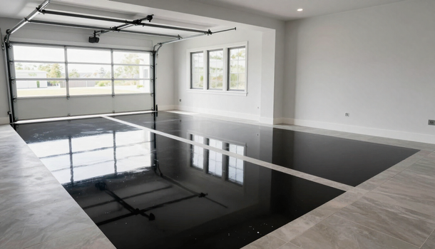 Modern empty garage with glossy black floor, white walls, and large windows/garage door.