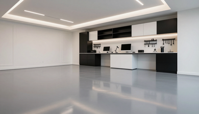 Epoxy flooring installation in a modern garage