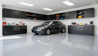Garage flooring project with organized storage
