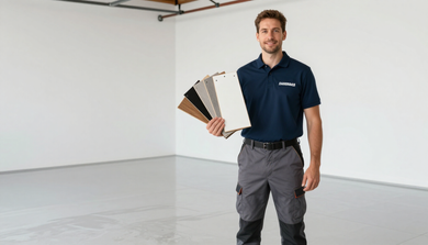 Flooring contractor presenting finished garage floor samples