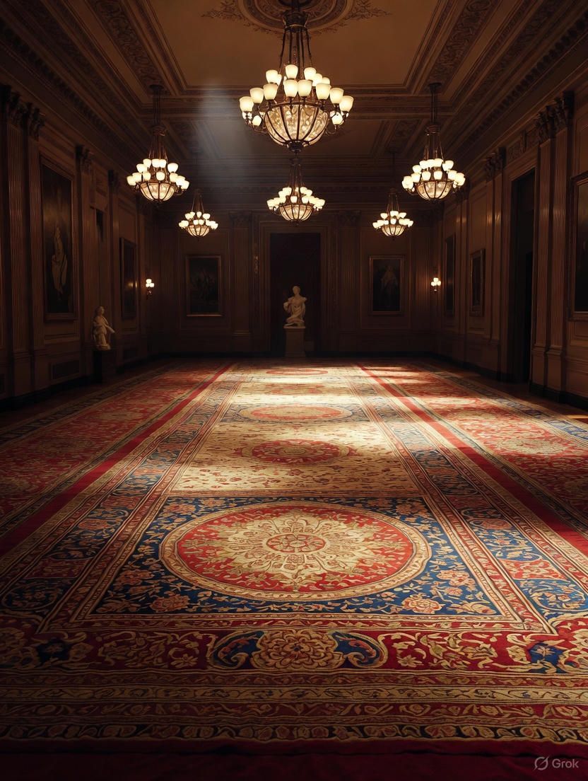 Ornate ballroom with large patterned rug, chandeliers, and statue at the far end.
