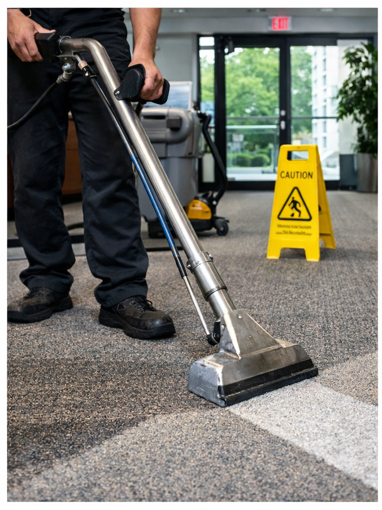 A person using a carpet extraction wand to clean a commercial carpet near a yellow caution sign.