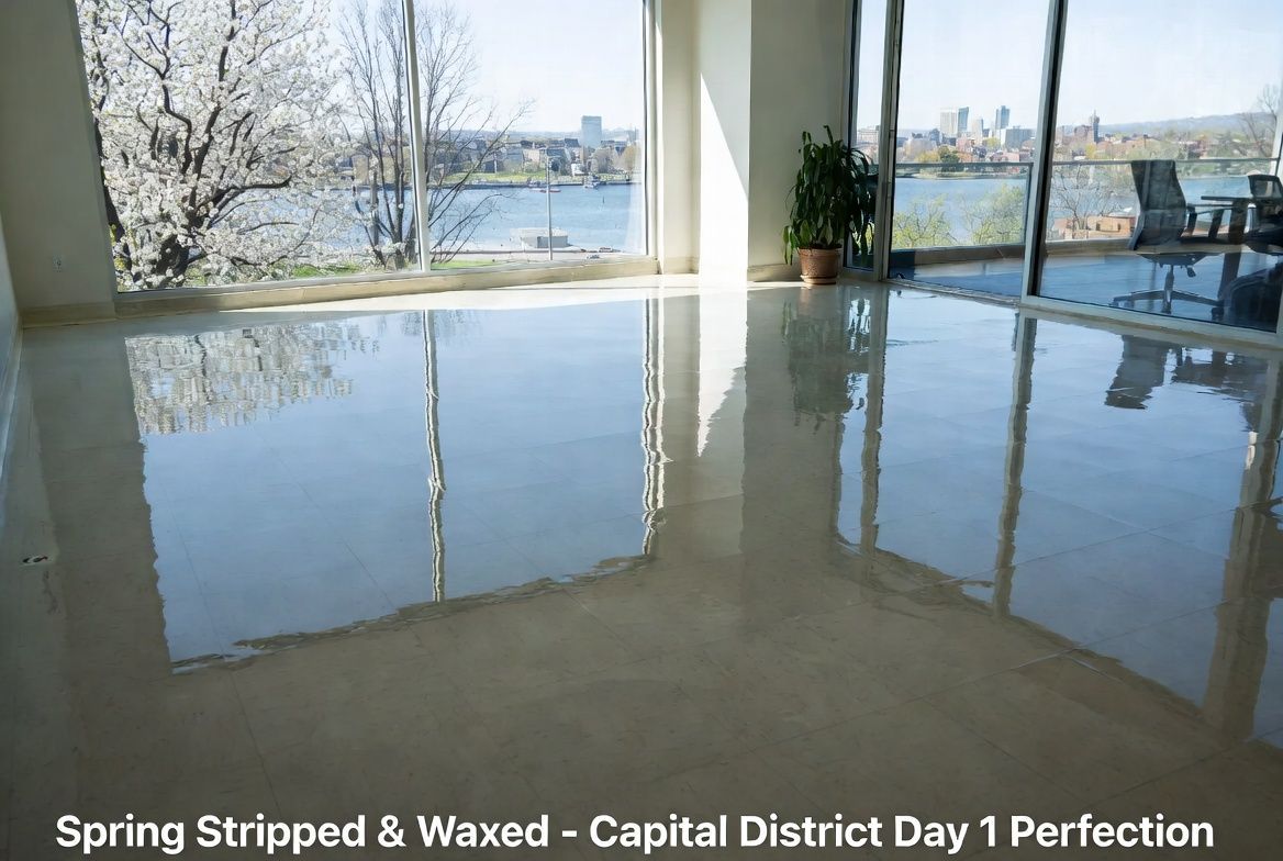 A shiny, recently waxed floor reflecting large windows that overlook a river and city skyline.