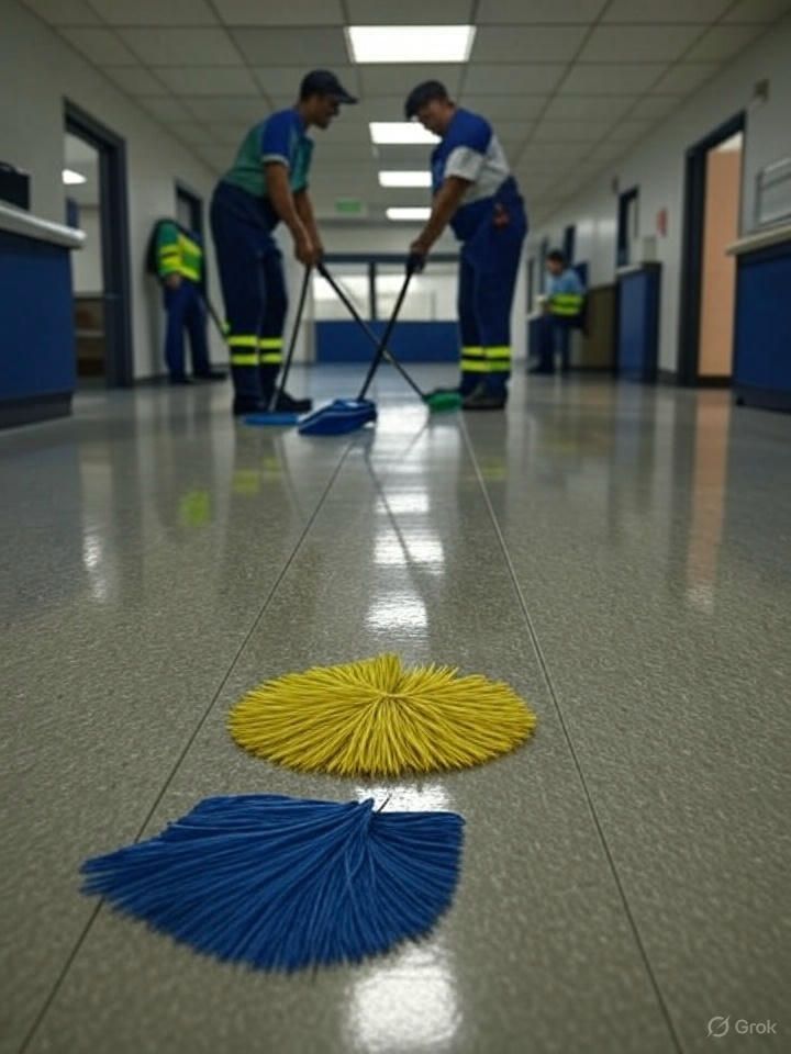 Two men cleaning a hallway with mop heads on the floor