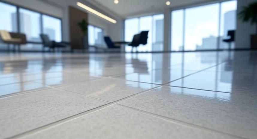 Close-up view of a shiny, light-colored tiled floor in a modern office space, reflecting the room and large windows.