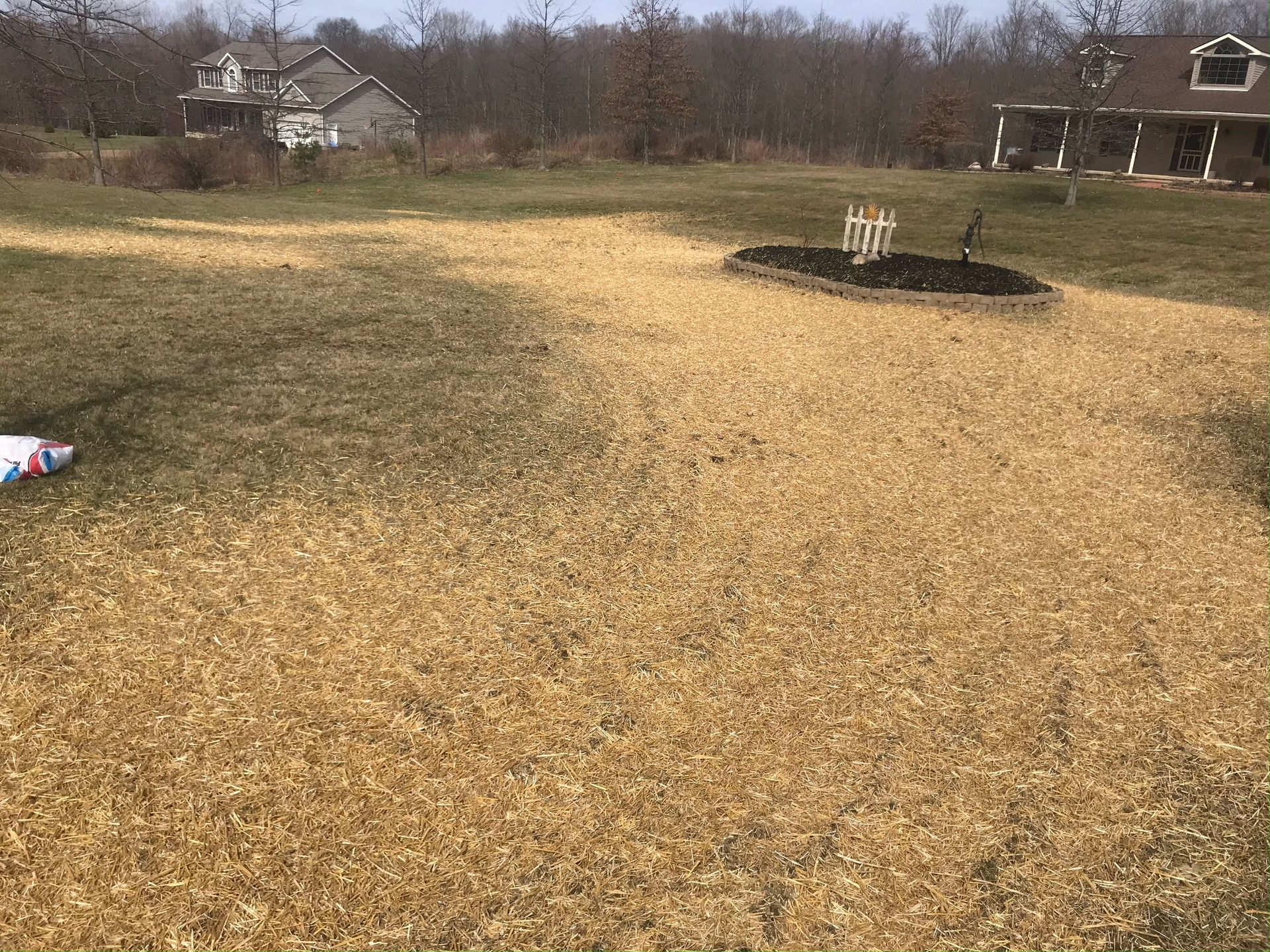 Brown lawn in front of a house, with a small flower bed and a second house in the background.