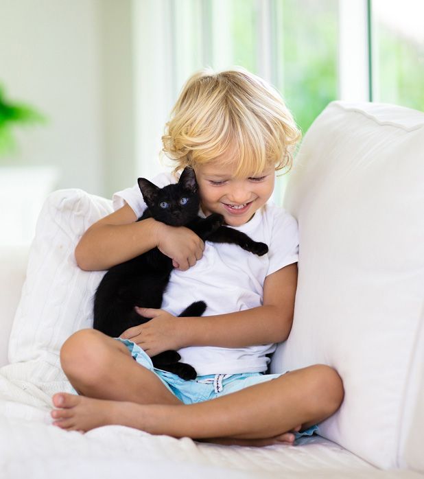 A smiling child with blonde hair hugging a small black kitten while sitting on a white sofa.