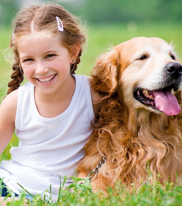A smiling child with braids sits in a grassy field next to a golden retriever with its tongue out.
