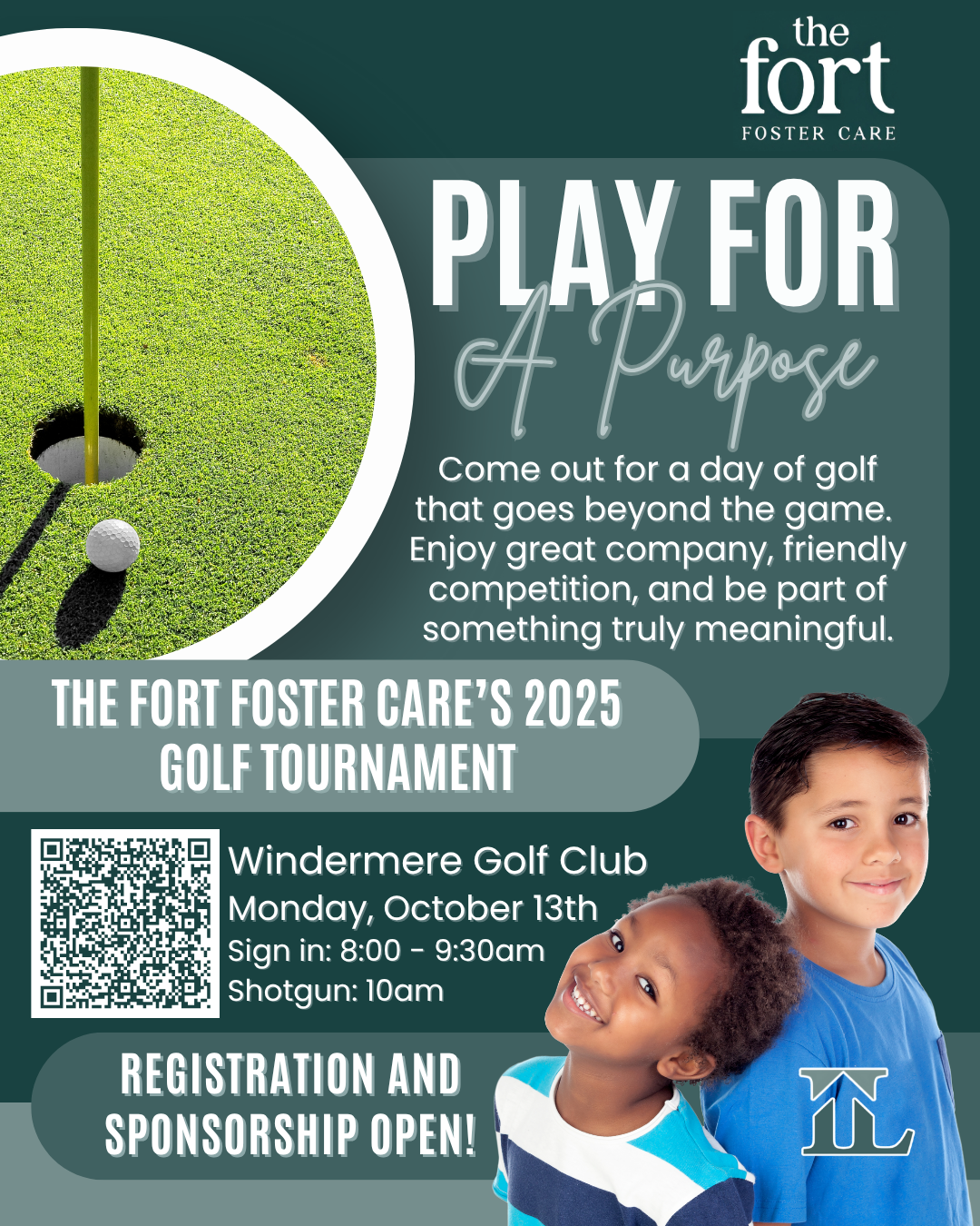 Golf tournament flyer for The Fort Foster Care with children, golf course, and registration information.