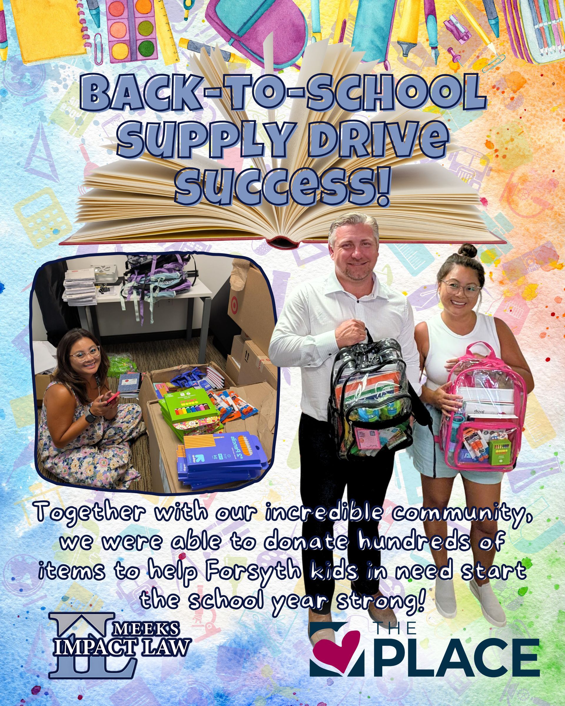 A man and two women are holding backpacks in front of a book.