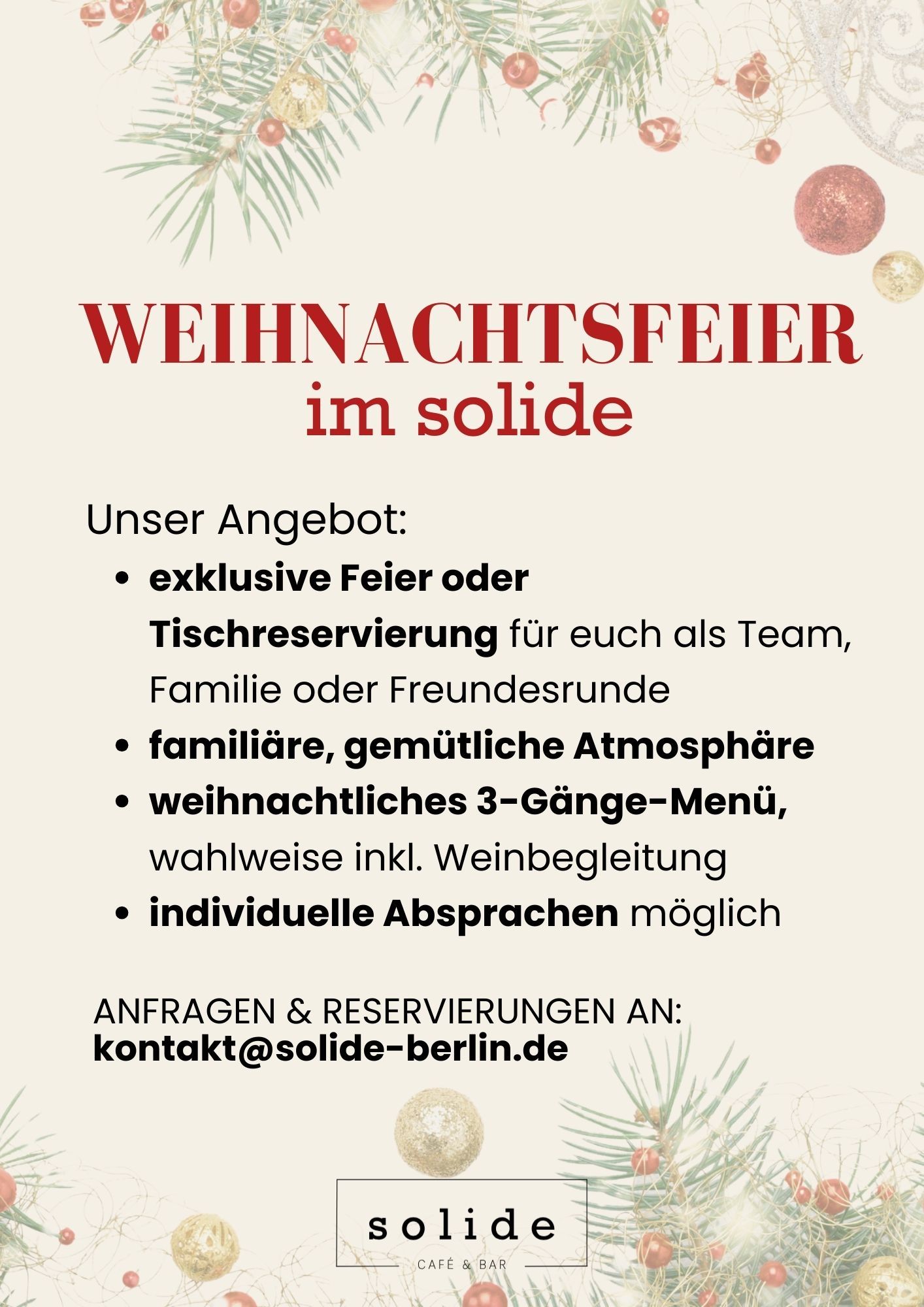 Werbung für die Weihnachtsfeier bei Solide, mit Text auf festlichem Hintergrund.
