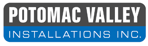 Logo for Potomac Valley Installations Inc. in white font on a black and blue background.