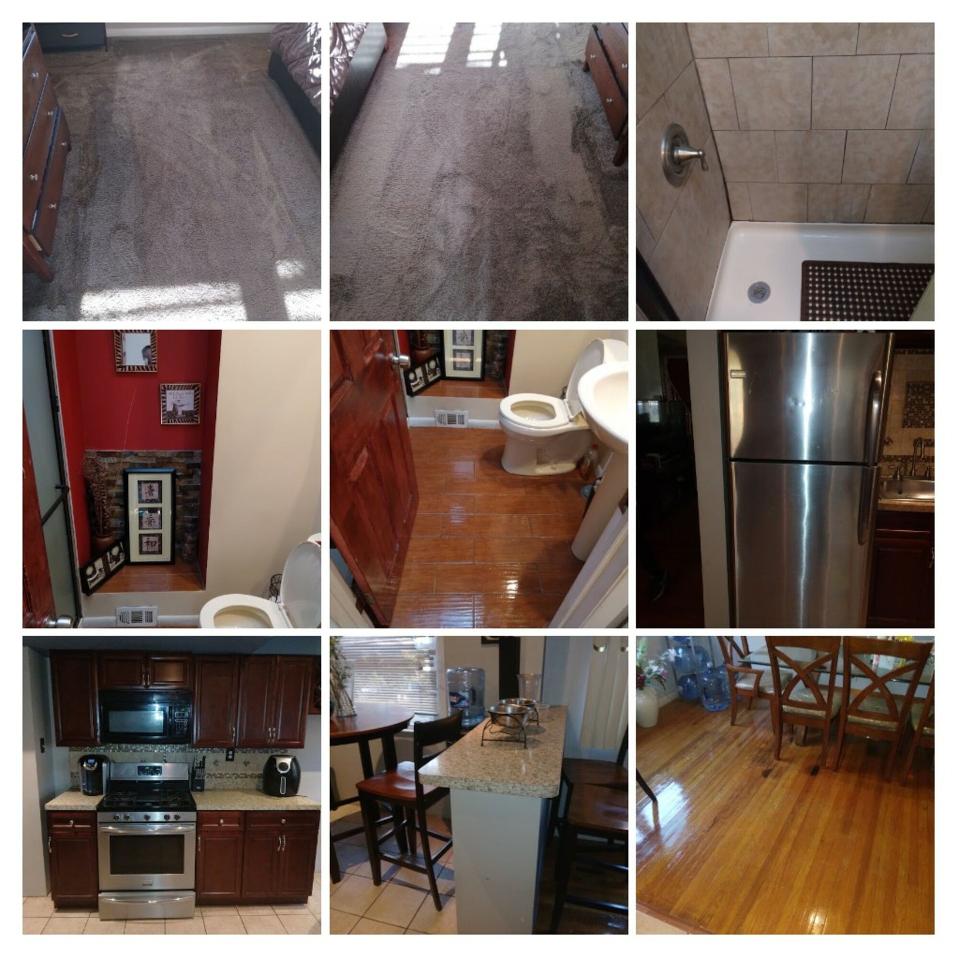 A collage of pictures shows a kitchen a bathroom and a refrigerator