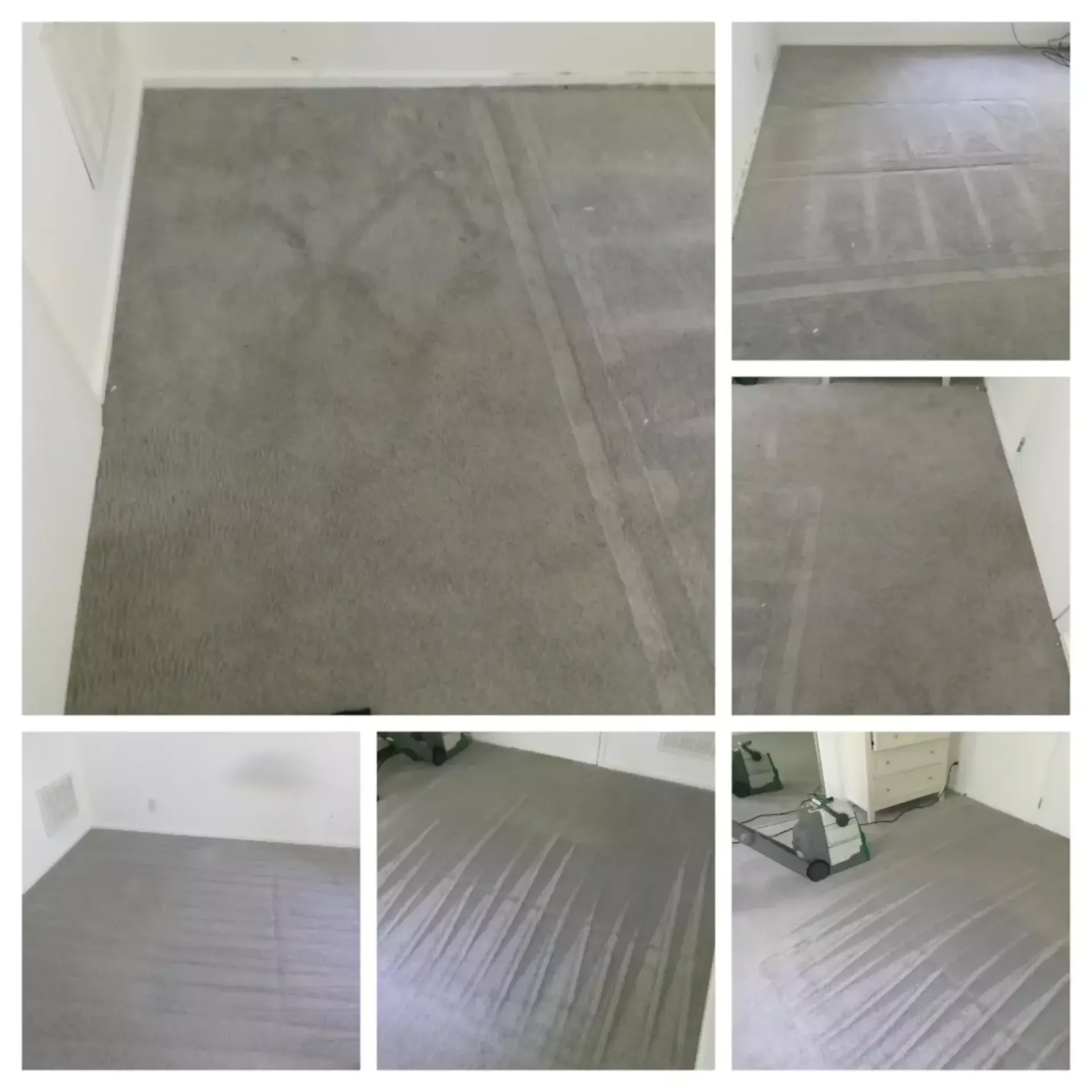 A collage of pictures of a gray carpeted floor