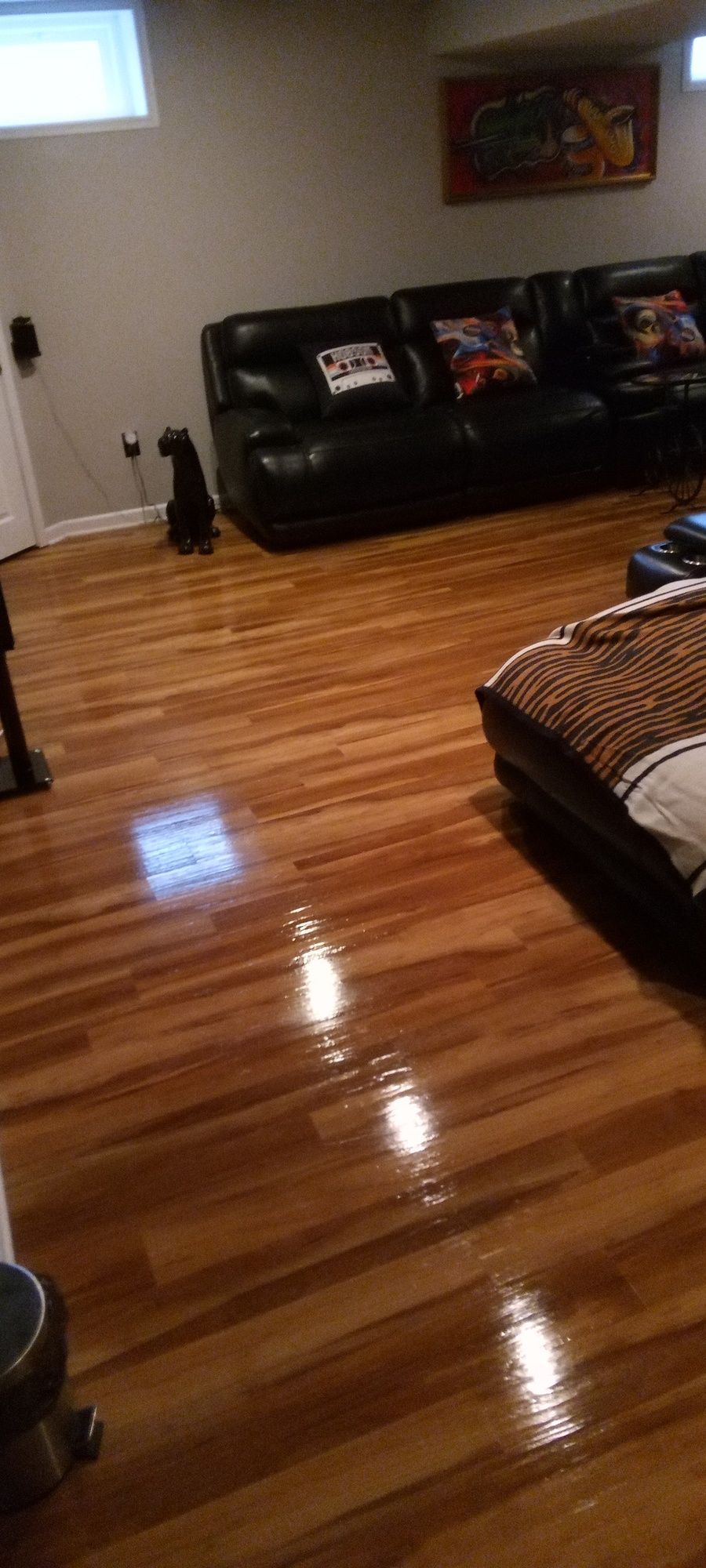 A living room with hardwood floors , a couch , and a dog.