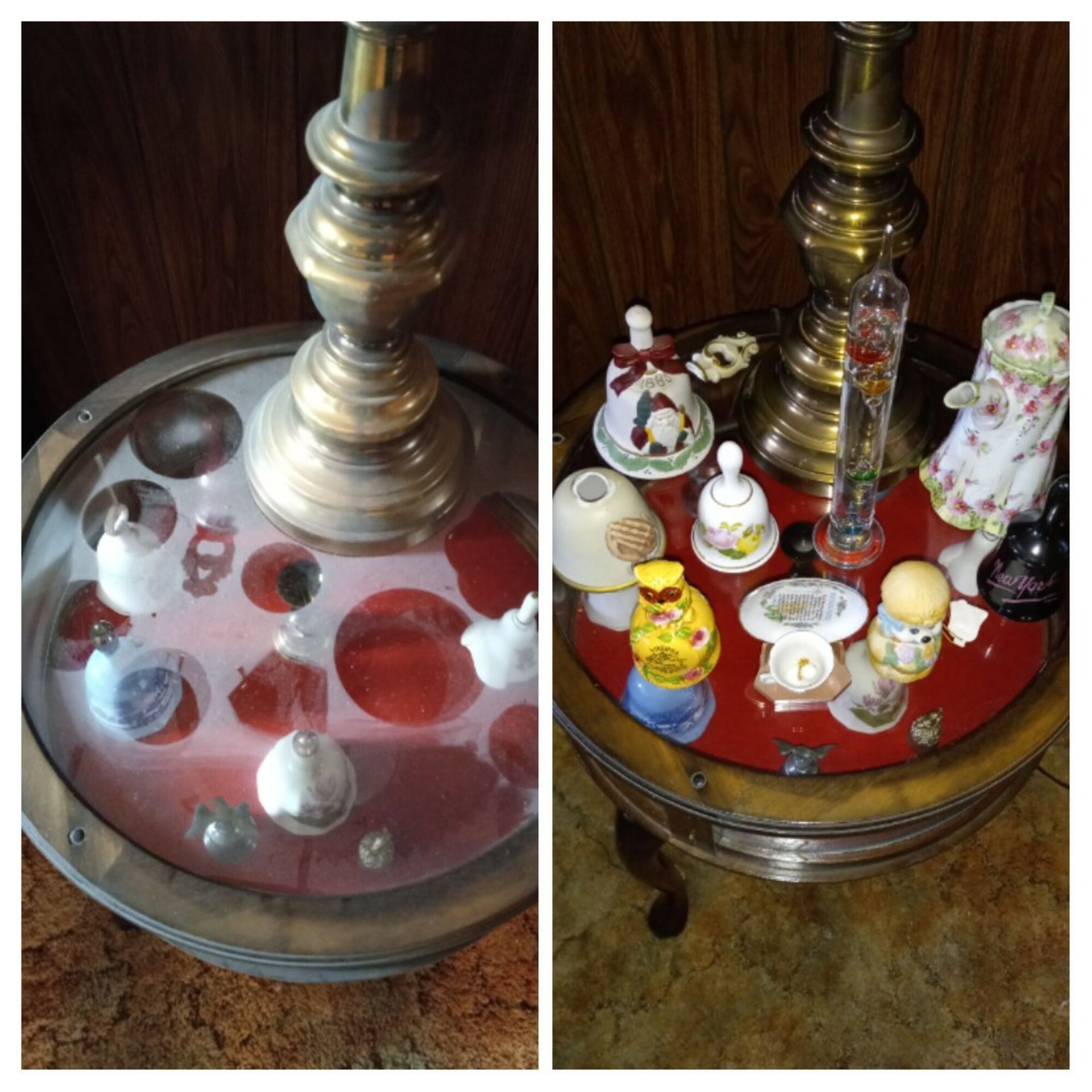 Two pictures of a table with bells on it