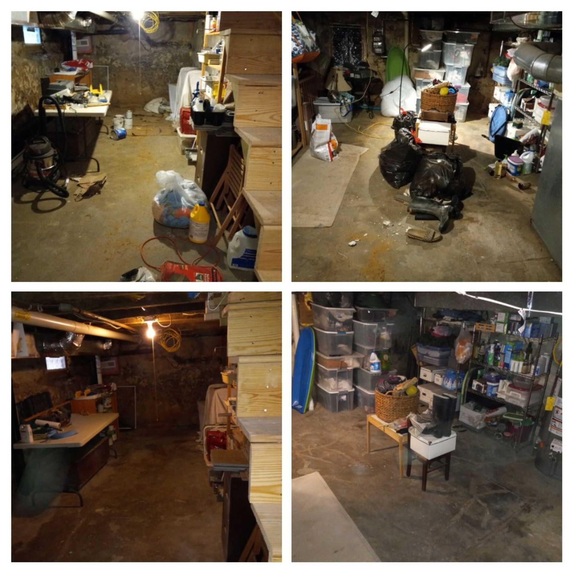 A collage of four pictures of a messy basement