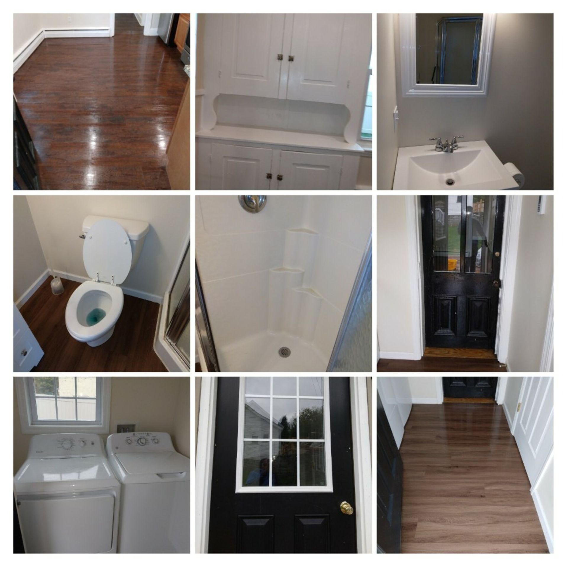 A collage of pictures of a bathroom including a toilet a sink and a door