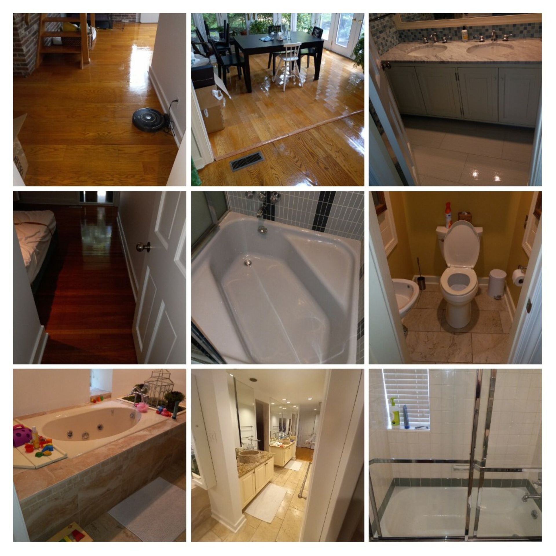 A collage of pictures of bathrooms and dining rooms