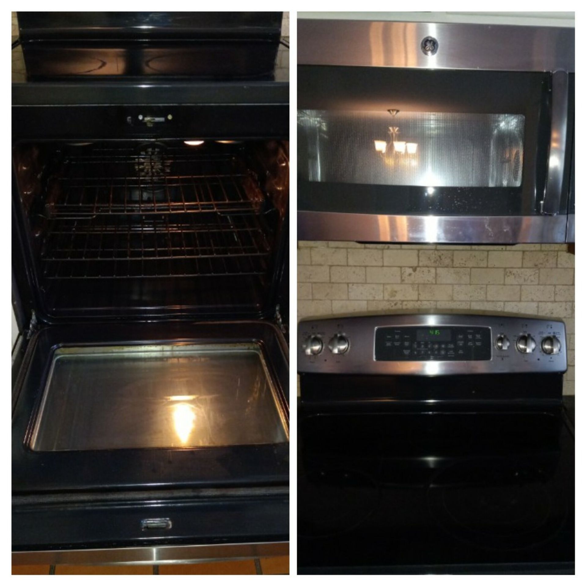 A before and after picture of an oven and microwave