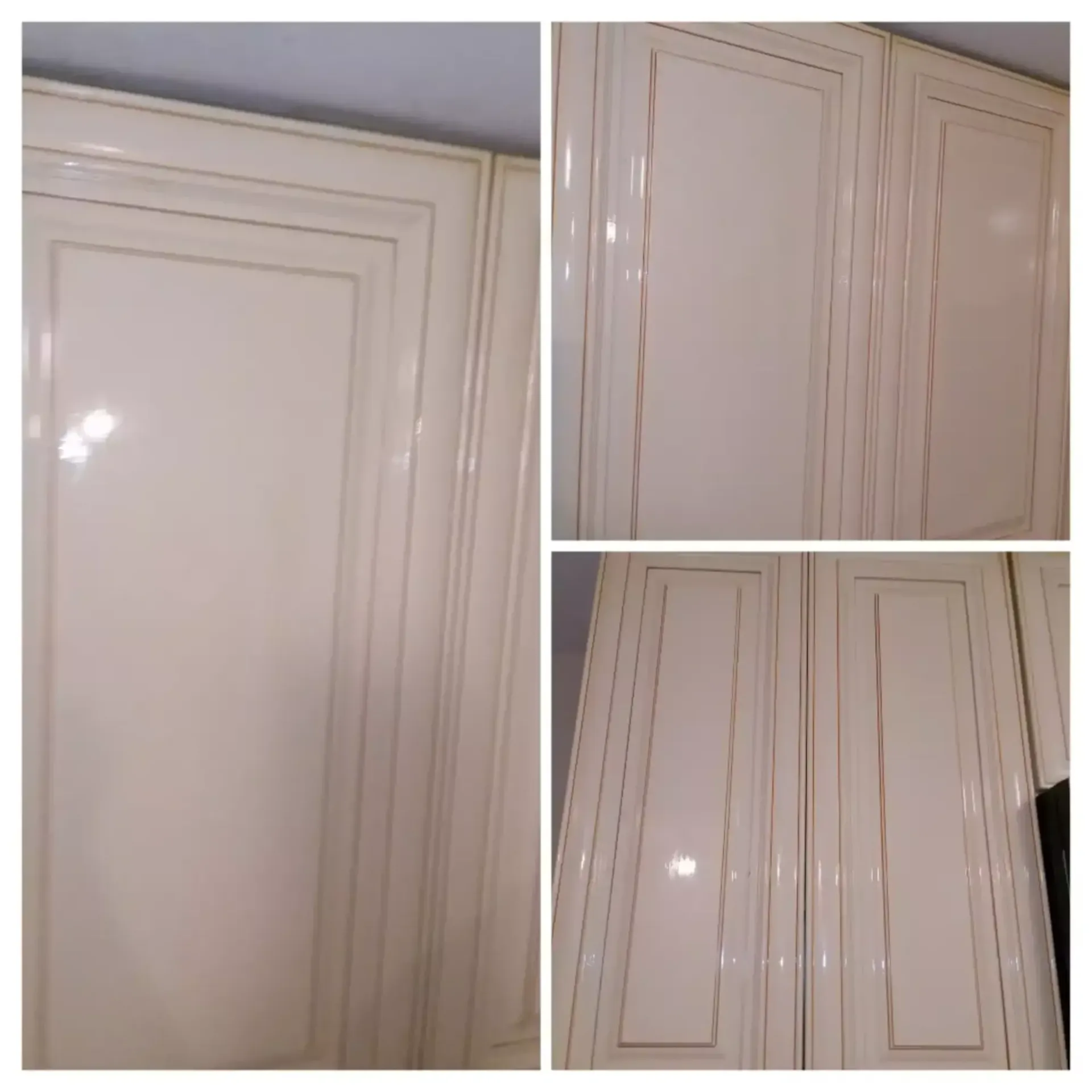 A collage of three pictures of a white cabinet.