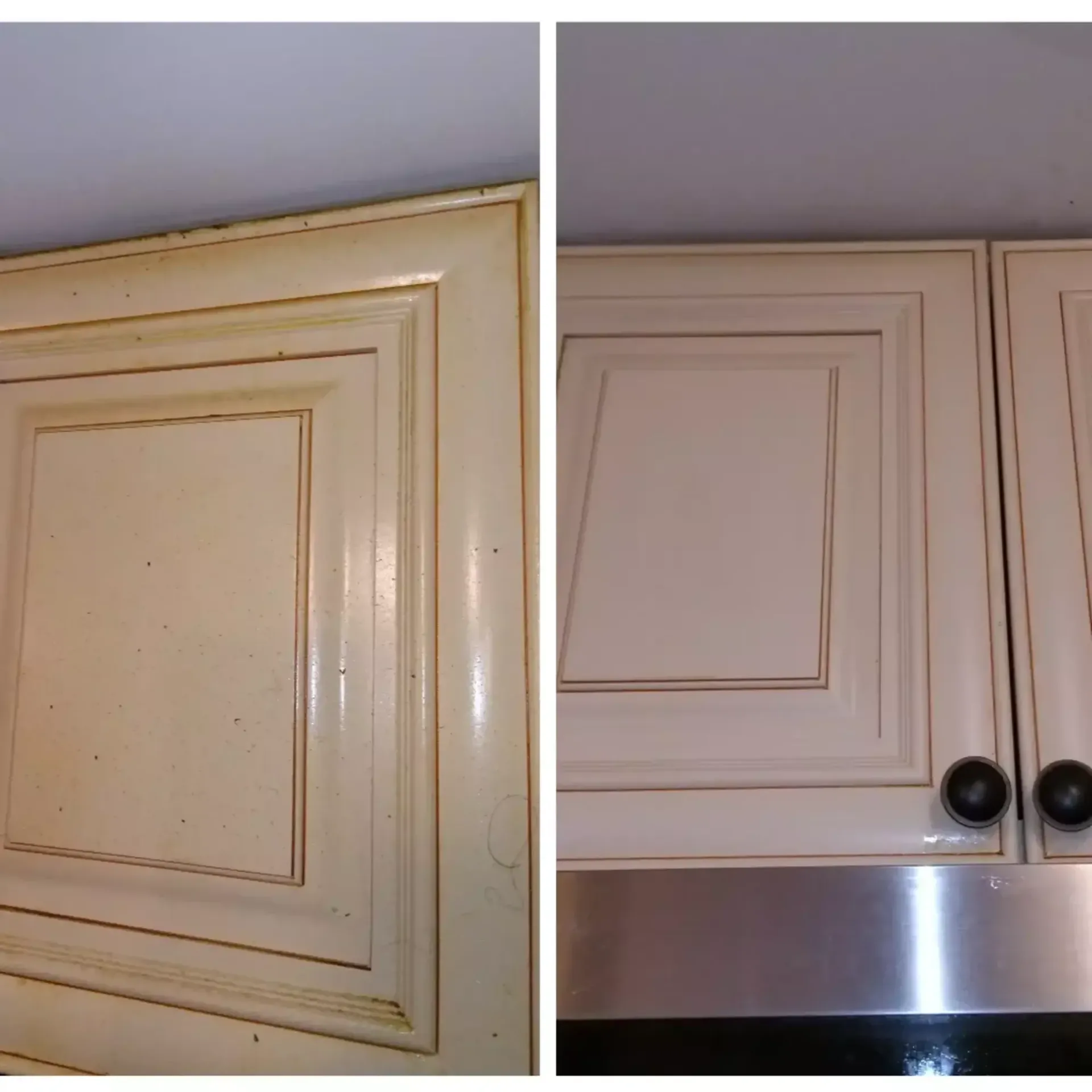 A before and after picture of a kitchen cabinet