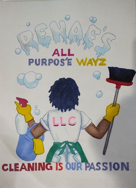 A painting of a person holding a broom and a spray bottle that says all purpose wayz cleaning is our passion