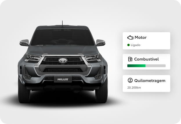 Caminhonete Toyota Hilux cinza com painel exibindo informações sobre o motor, combustível e quilometragem.