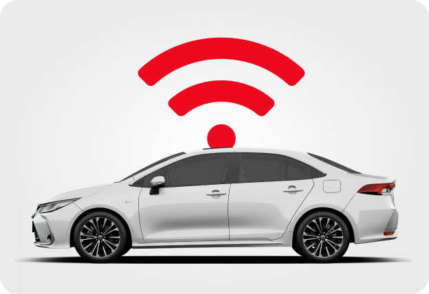 Carro branco com ícone vermelho de sinal Wi-Fi acima.