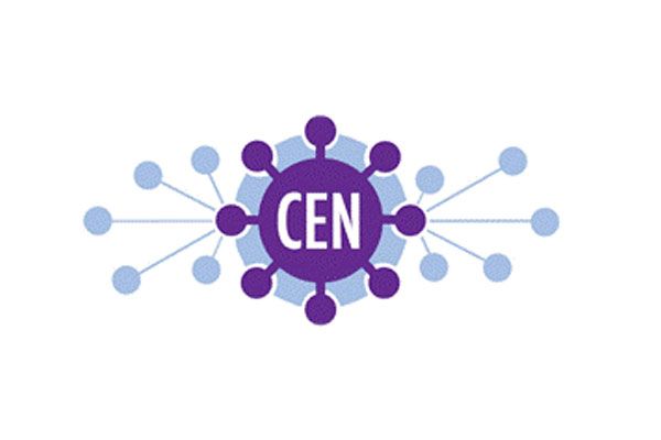 A purple logo with the word cen on it
