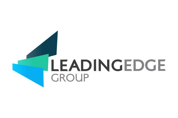 A logo for leadingedge group with a blue triangle on a white background.