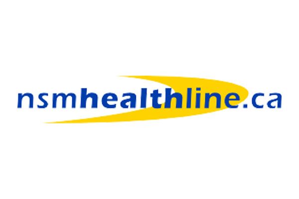 A blue and yellow logo for nsmhealthline.ca