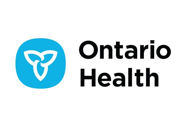 The ontario health logo is a blue circle with a triangle in the middle.