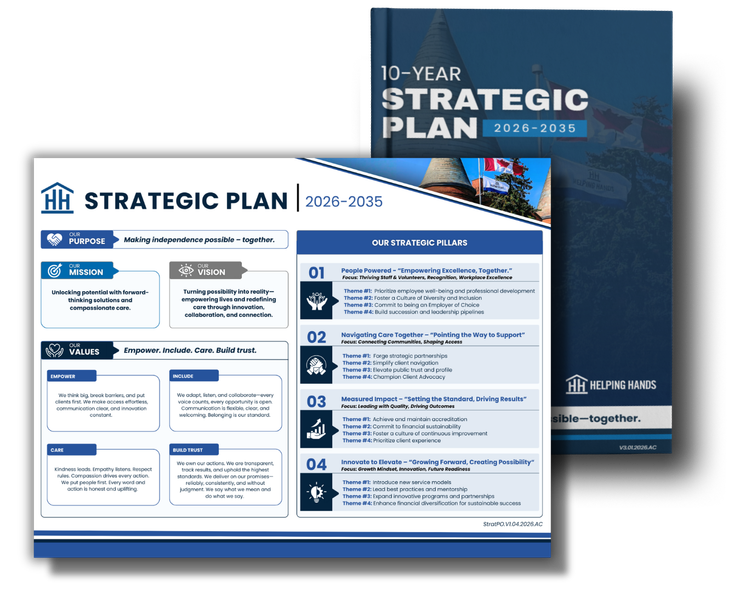 A cover page and spread of a 10-year strategic plan document for Helping Hands, featuring organizational goals.