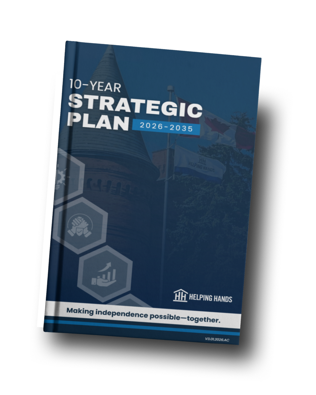 A tablet with a helping hands strategic plan on it.