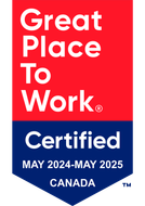 A red and blue banner that says `` great place to work certified ''.